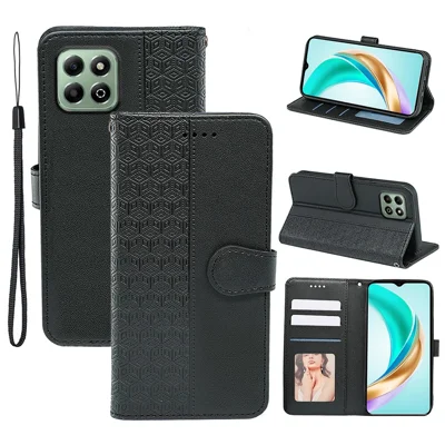 For Honor X6b 4G Case Anti Scratch Splicing Imprinted Rhombus Leather Phone Cover - Black
