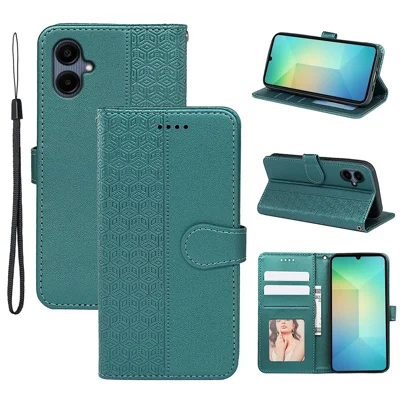 For Samsung Galaxy A06 4G Case Anti Scratch Splicing Imprinted Rhombus Leather Phone Cover - Green