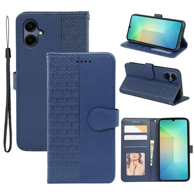 For Samsung Galaxy A06 5G Case Anti Scratch Splicing Imprinted Rhombus Leather Phone Cover - Blue