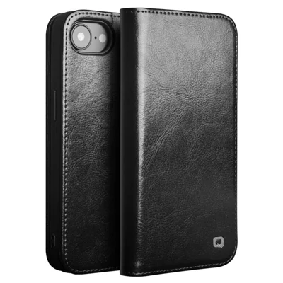 QIALINO Für iPhone 16e Hülle Brieftasche Ständer Echtes Rindsleder Handyhülle - Schwarz