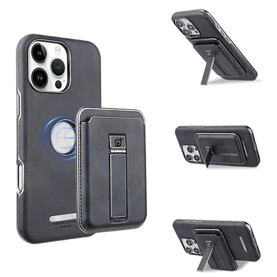 For iPhone 16 Pro Max Case with Card Holder Kickstand Leather Texture PC Matte Phone Cover Electroplated - Blue