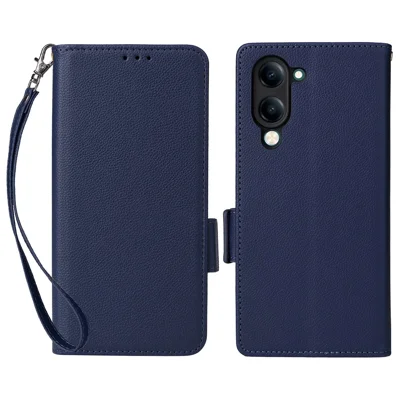 For vivo Y04 4G / Y29s 5G Case with Wrist Strap Litchi Texture PU Leather Wallet Phone Cover - Dark Blue