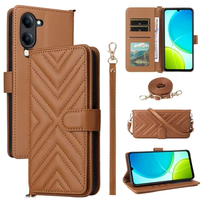 For vivo Y04 4G / Y29s 5G Wallet Case with Shoulder / Wrist Strap Leather Phone Cover Stand - Brown