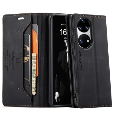 AUTSPACE For Huawei P50 Pro 4G Wallet Case  A01 Leather Stand Cover with RFID Blocking Card Holder - Black