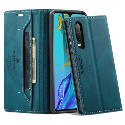 AUTSPACE For Huawei P30 Wallet Case  A01 Leather Stand Cover with RFID Blocking Card Holder - Blue