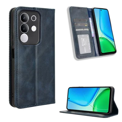 For vivo Y29 4G Retro PU Leather Case Phone Wallet Stand Cover - Blue