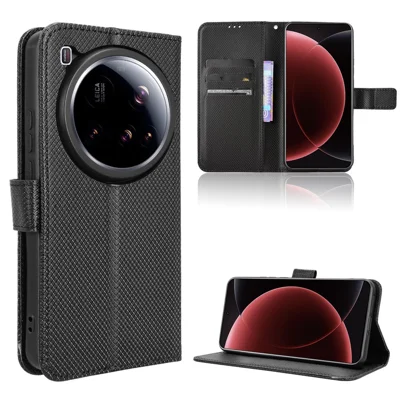 For Xiaomi 15 Ultra Leather Wallet Case with Strap Diamond Texture Phone Cover - Black