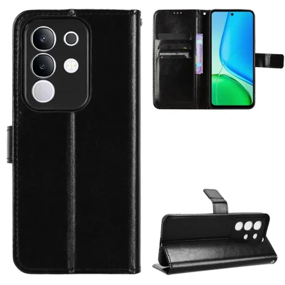 For vivo Y29 4G PU Leather Case with Strap Crazy Horse Texture Phone Wallet Cover - Black