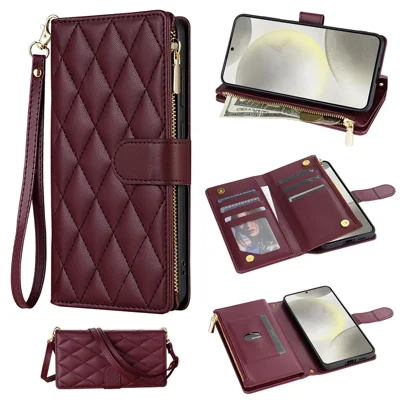 For Samsung Galaxy S25 Edge Case Rhombus Stitching Leather Wallet Phone Cover with Long  /  Short Strap - Wine Red