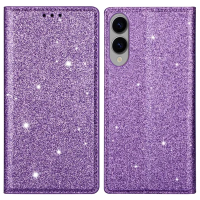 For Samsung Galaxy S25 Edge Case Glittery PU Leather + TPU Card Slot Phone Cover - Purple