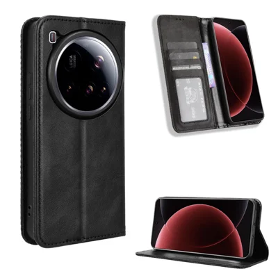 For Xiaomi 15 Ultra Retro PU Leather Case Phone Wallet Stand Cover - Black
