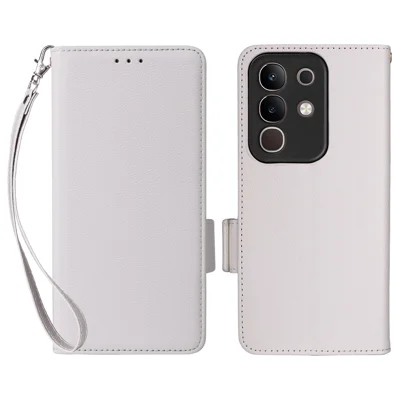 For vivo Y29 4G / T4x 5G Case with Wrist Strap Litchi Texture PU Leather Wallet Phone Cover - White
