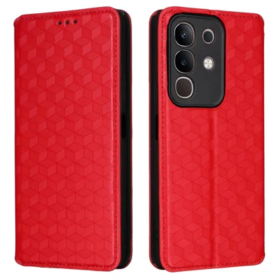 For vivo Y29 4G / T4x 5G Case Wallet Rhombus Imprinted Leather Phone Cover - Red