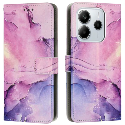 غطاء هاتف بتصميم رخامي مع حامل ومحفظة من جلد PU للهاتف Xiaomi Redmi Note 14 4G (164.84 مم) - أرجواني