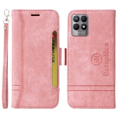 BETOPNICE 001 För Realme 8i / Narzo 50 4G PU-läder Ställbar plånboksfodral med inpräntade stygnlinjer Helt skyddande hölster med rem - Rosa