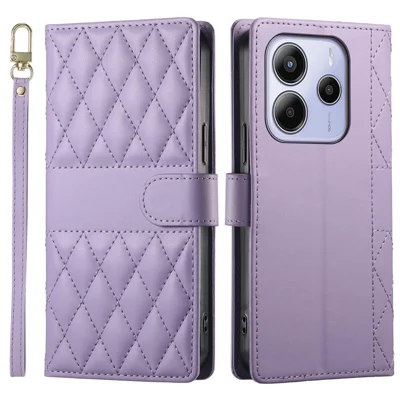 Voor Xiaomi Redmi Note 14 4G (164,84 mm) hoesje Ruitsteekjes portemonnee standaard lederen telefoonhoesje met lange/korte draagband - Paars