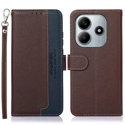 KHAZNEH For Xiaomi Redmi Note 14 4G (164.84mm) Case RFID Blocking Wallet Litchi Texture PU Leather Phone Cover - Brown