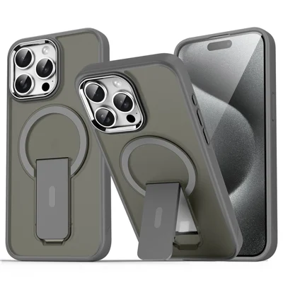 iPhone 15 Pro Max-hoes compatibel met MagSafe PC + TPU-telefoonhoes met standaard - Titaniumgrijs