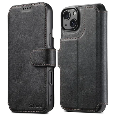 SUTENI Q-05 til iPhone 15 Plus / 14 Wallet Case 2 i 1 aftagelig læder flip telefonbeskyttelse med stand - Sort