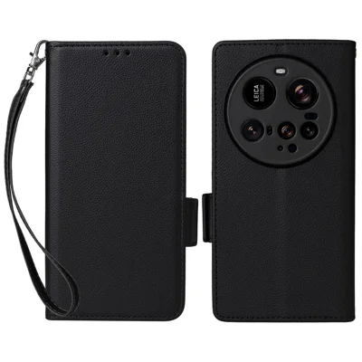 Voor Xiaomi 15 Ultra hoesje met polsbandje Litchi-structuur PU-leer portemonnee telefoonhoes - Zwart