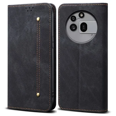 For Nothing Phone (3a) Pro Case Jeans Cloth Texture Anti-Scratch Leather Stand Phone Cover - Black