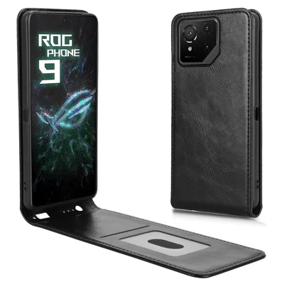 غطاء لهاتف Asus ROG Phone 9 5G / ROG Phone 9 Pro 5G مع فتحة بطاقة وتصميم قلّاب رأسي مغناطيسي من الجلد - أسود