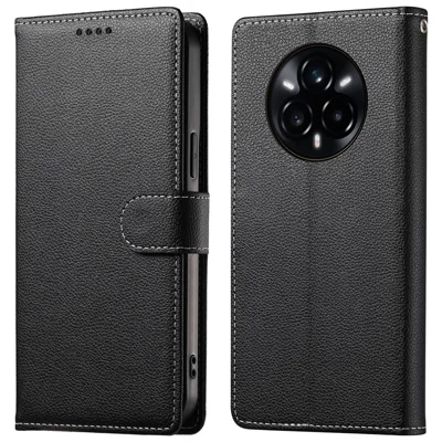 For Realme 14 Pro+ 5G Stand Case Litchi Texture Leather Wallet Phone Cover Magnetic Snap - Black