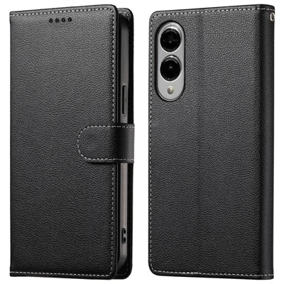 For Samsung Galaxy S25 Edge Stand Case Litchi Texture Leather Wallet Phone Cover Magnetic Snap - Black