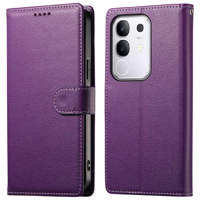 For vivo Y29 4G Stand Case Litchi Texture Leather Wallet Phone Cover Magnetic Snap - Purple