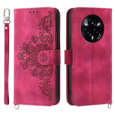 Voor Realme 14 Pro 5G hoesje met bloemenpatroon PU lederen portemonnee telefoonhoes met draagkoord - Wijnrood