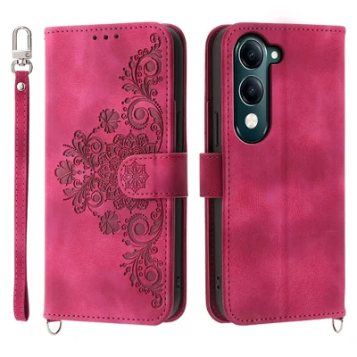 For vivo Y04 4G  /  Y29s 5G Case Flower Pattern PU Leather Wallet Phone Cover with Strap - Wine Red