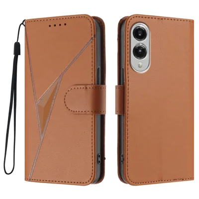 For Samsung Galaxy S25 Edge Case Triangle Imprint Leather Phone Cover with Lanyard - Coffee