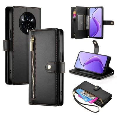 DF-011 For Realme 14 Pro+ 5G Case Zipper Pocket Wallet Leather Phone Cover with Straps - Black