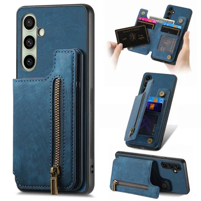 Samsung Galaxy S25 hoesje met ritskaarthouder Retro lederen TPU telefoonhoes - Blauw