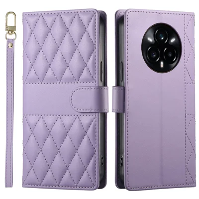 For Realme 14 Pro 5G Case Rhombus Stitching Wallet Stand Leather Phone Cover with Long  /  Short Strap - Purple