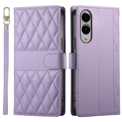 For Samsung Galaxy S25 Edge Case Rhombus Stitching Wallet Stand Leather Phone Cover with Long  /  Short Strap - Purple