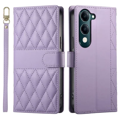 For vivo Y04 4G  /  Y29s 5G Case Rhombus Stitching Wallet Stand Leather Phone Cover with Long  /  Short Strap - Purple