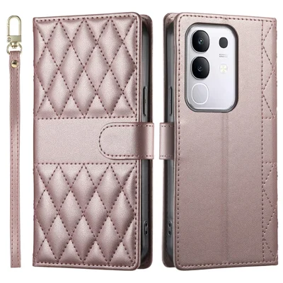 For vivo Y29 4G Case Rhombus Stitching Wallet Stand Leather Phone Cover with Long  /  Short Strap - Rose Gold