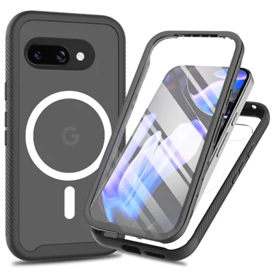 For Google Pixel 9a Magnetic Case PC + TPU Protective Phone Cover with PET Screen Film - Black
