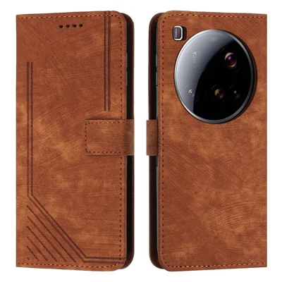 Voor Xiaomi 15 Ultra hoesje met ingeperste lijnen Lederen telefoonhoes met standaard - Bruin