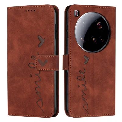For Xiaomi 15 Ultra Case Viewing Stand PU Leather Phone Cover Imprinted Heart Pattern - Brown