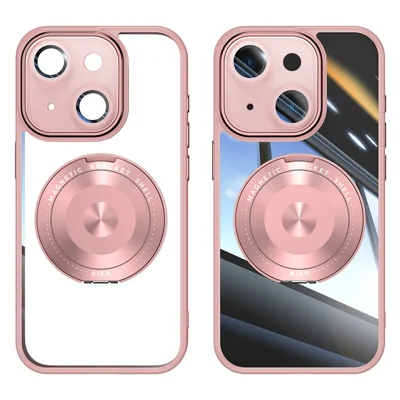 For iPhone 14 Magnetisk Case PC + TPU Telefonbeskyttelse med Roterende Metalstøtte, Linseskytte - Pink