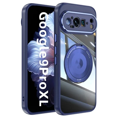For Google Pixel 9 Pro XL Magnetic Case PC + TPU Phone Cover with Rotating Metal Kickstand, Lens Protector - Blue