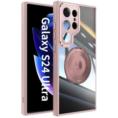 For Samsung Galaxy S24 Ultra Magnetic Case PC + TPU Phone Cover with Rotating Metal Kickstand, Lens Protector - Pink