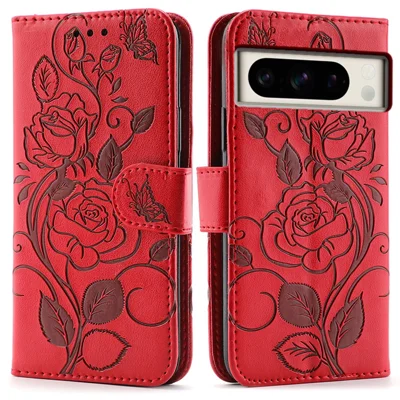 For Google Pixel 8 Pro Case Wallet Stand Imprinted Rose Butterfly PU Leather Phone Cover - Red