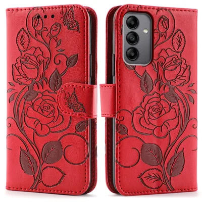 For Samsung Galaxy A05s 4G Case Wallet Stand Imprinted Rose Butterfly PU Leather Phone Cover - Red