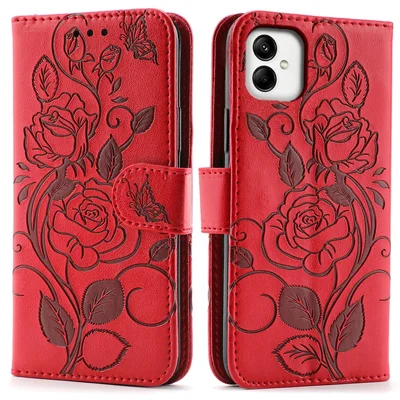 For Samsung Galaxy A08 5G / A08 4G / A07 4G / A06 4G / A06 5G Case Wallet Stand Imprinted Rose Butterfly PU Leather Phone Cover - Red