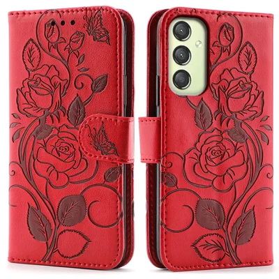 For Samsung Galaxy A15 4G / 5G Case Wallet Stand Imprinted Rose Butterfly PU Leather Phone Cover - Red