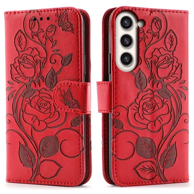For Samsung Galaxy S23+ Case Wallet Stand Imprinted Rose Butterfly PU Leather Phone Cover - Red