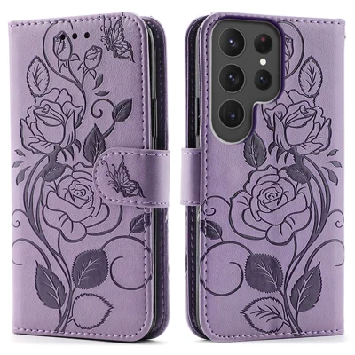 For Samsung Galaxy S23 Ultra Case Wallet Stand Imprinted Rose Butterfly PU Leather Phone Cover - Purple